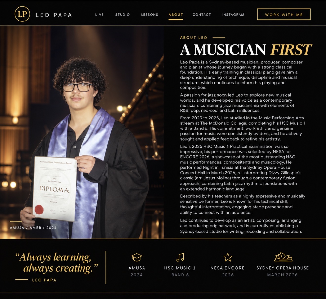 Leo Papa holding his 2024 AMusA diploma