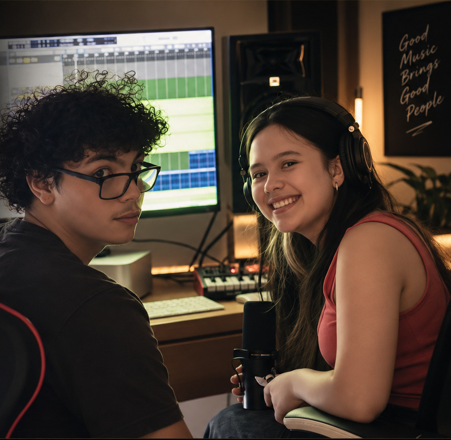Leo Papa working with an artist on music production